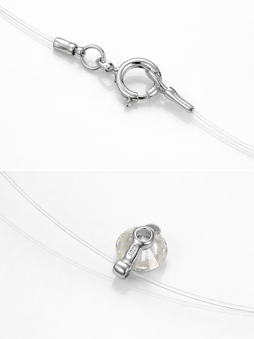 Close-up of floating solitaire cubic zirconia pendant and nylon thread