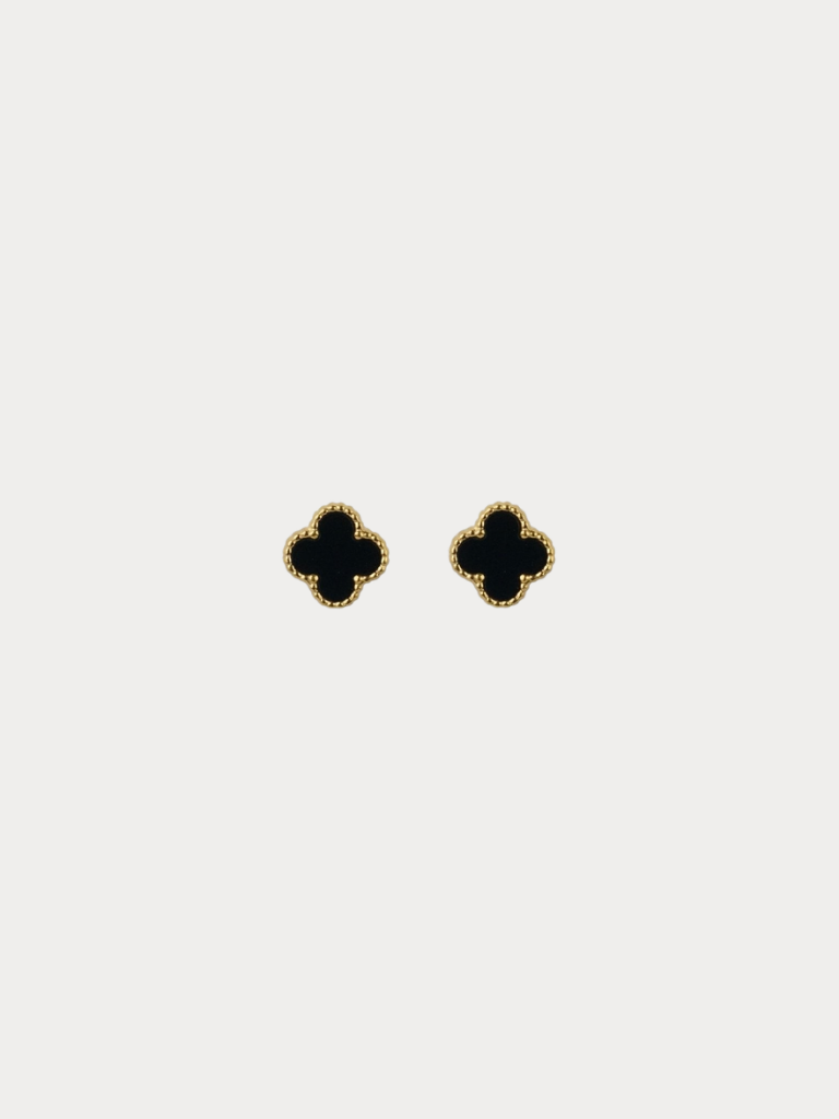 Black Clover Stud Earrings gold tone titanium, four-petal clover with black enamel and milgrain border, product flatlay