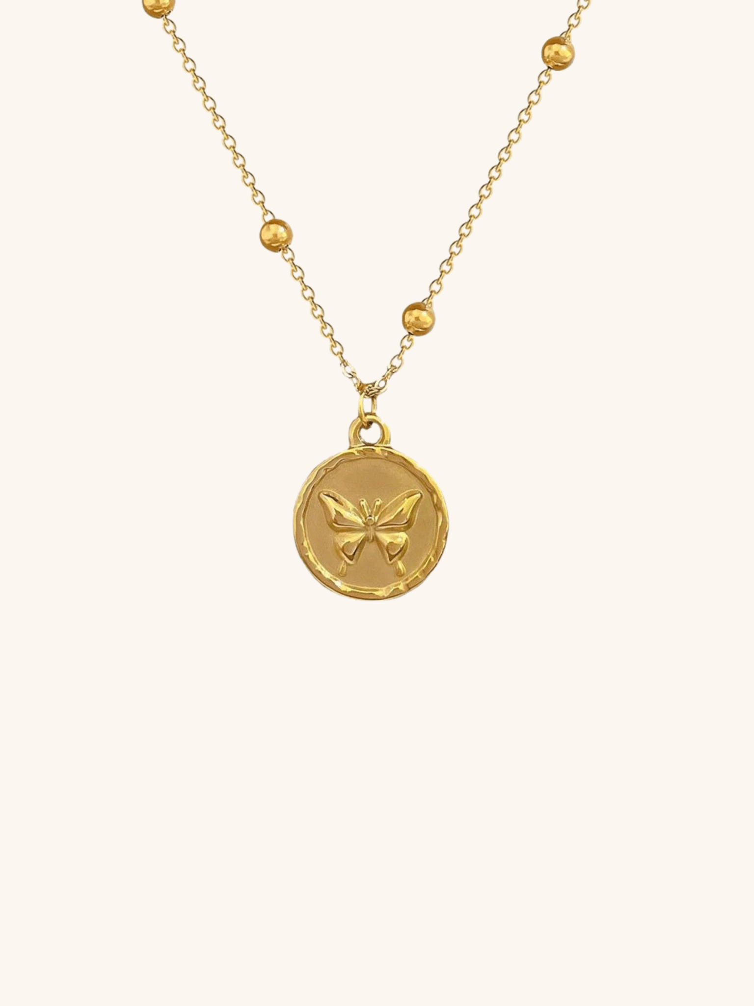 Butterfly Round Pendant Beaded Chain Necklace - Minimalist Lab
