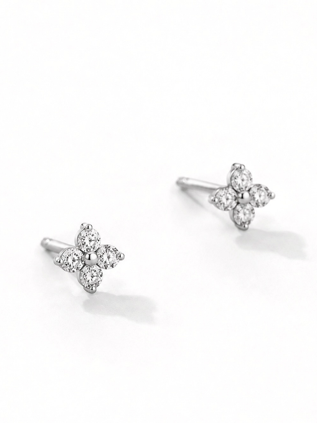 Close-up of four-stone clover cubic zirconia on Fiona stud earrings