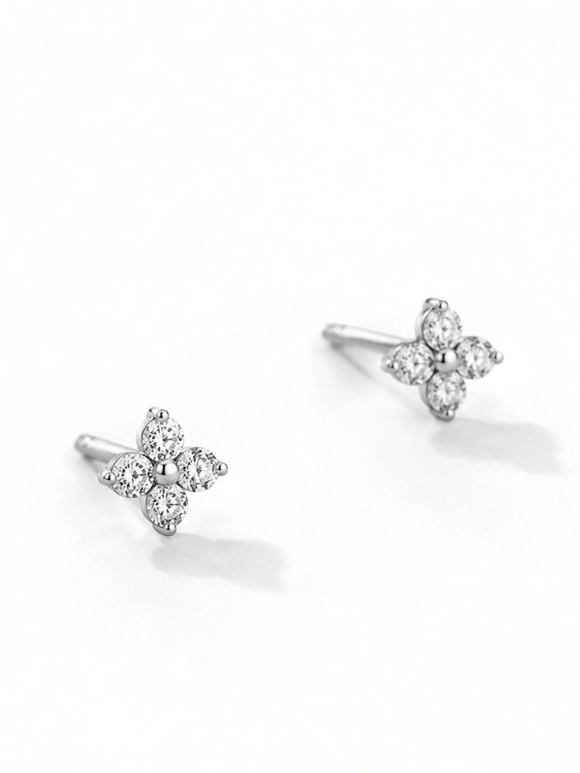 Close-up of four-stone clover cubic zirconia on Fiona stud earrings