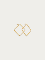 Front view of large geometric square gold hoops on a white background.