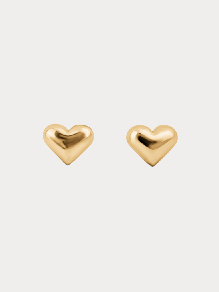 Heart Stud Earrings gold tone stainless steel, puffy 3D heart studs, product flatlay