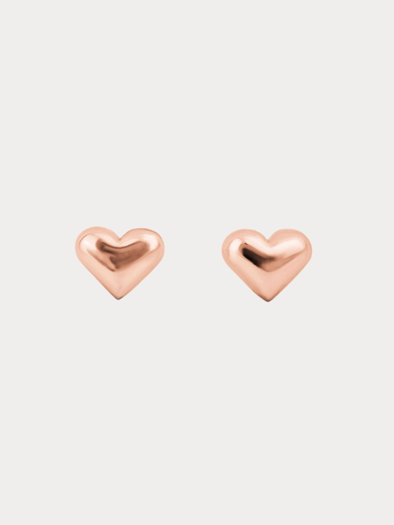 Heart Stud Earrings rose gold tone stainless steel, puffy 3D heart studs, product flatlay