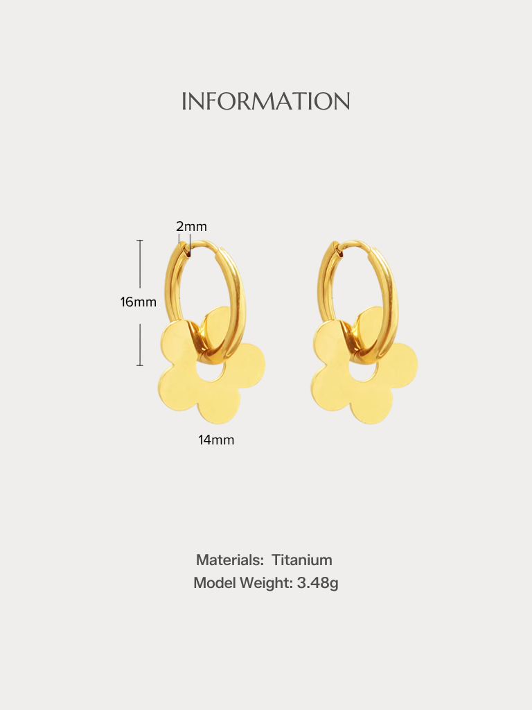 Gold flower hoop earrings with dimension markings showing 16mm height, 14mm width, and 2mm post thickness on a light gray background with 'INFORMATION' text.