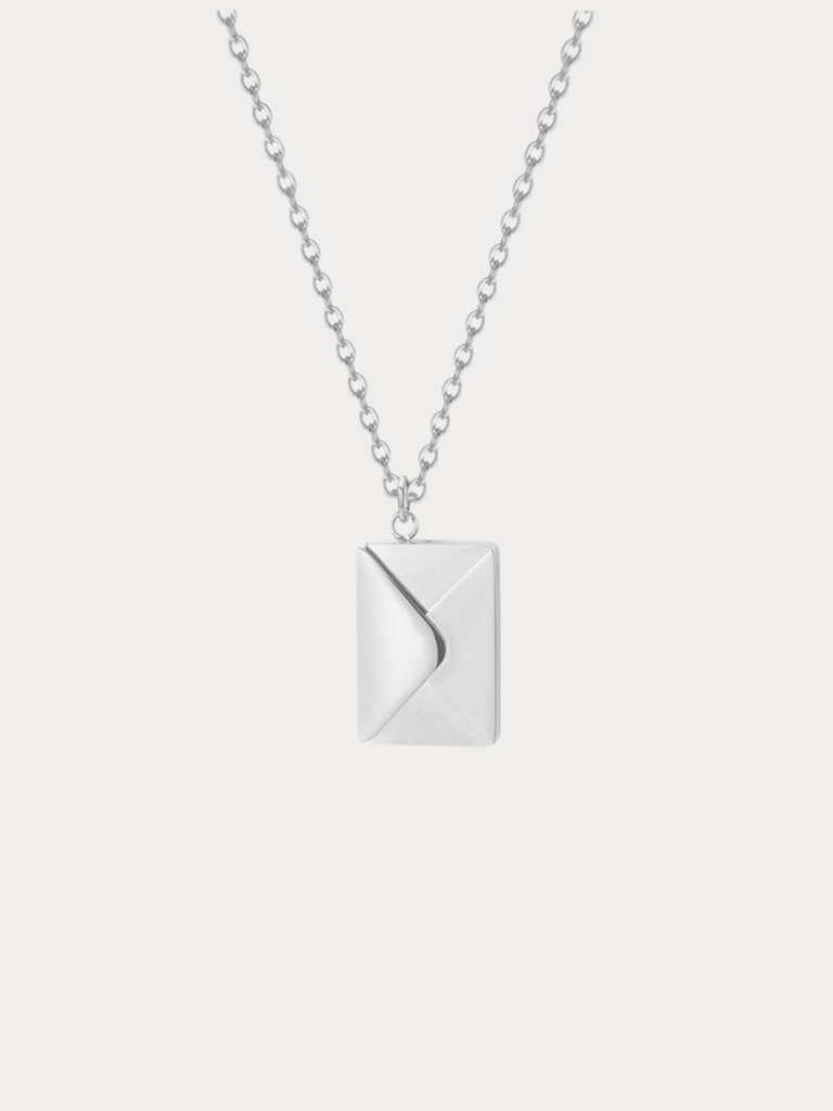 Love Letter Pendant Necklace in silver tone titanium, envelope locket closed front view