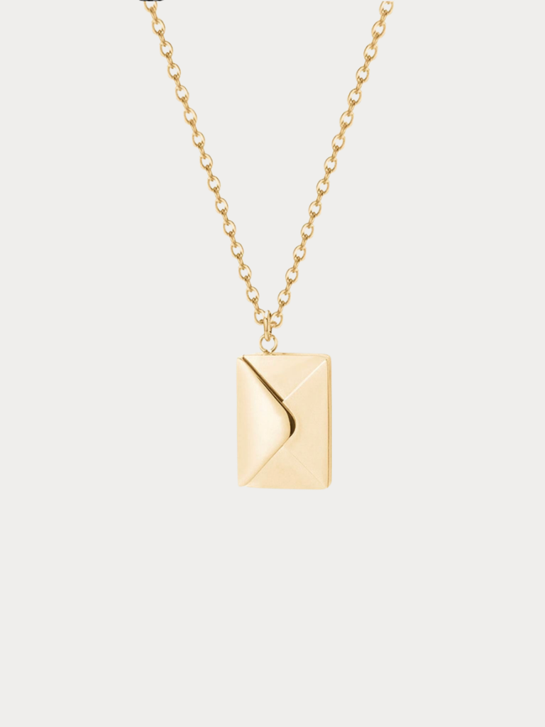 Love Letter Pendant Necklace in gold tone titanium, envelope locket closed front view