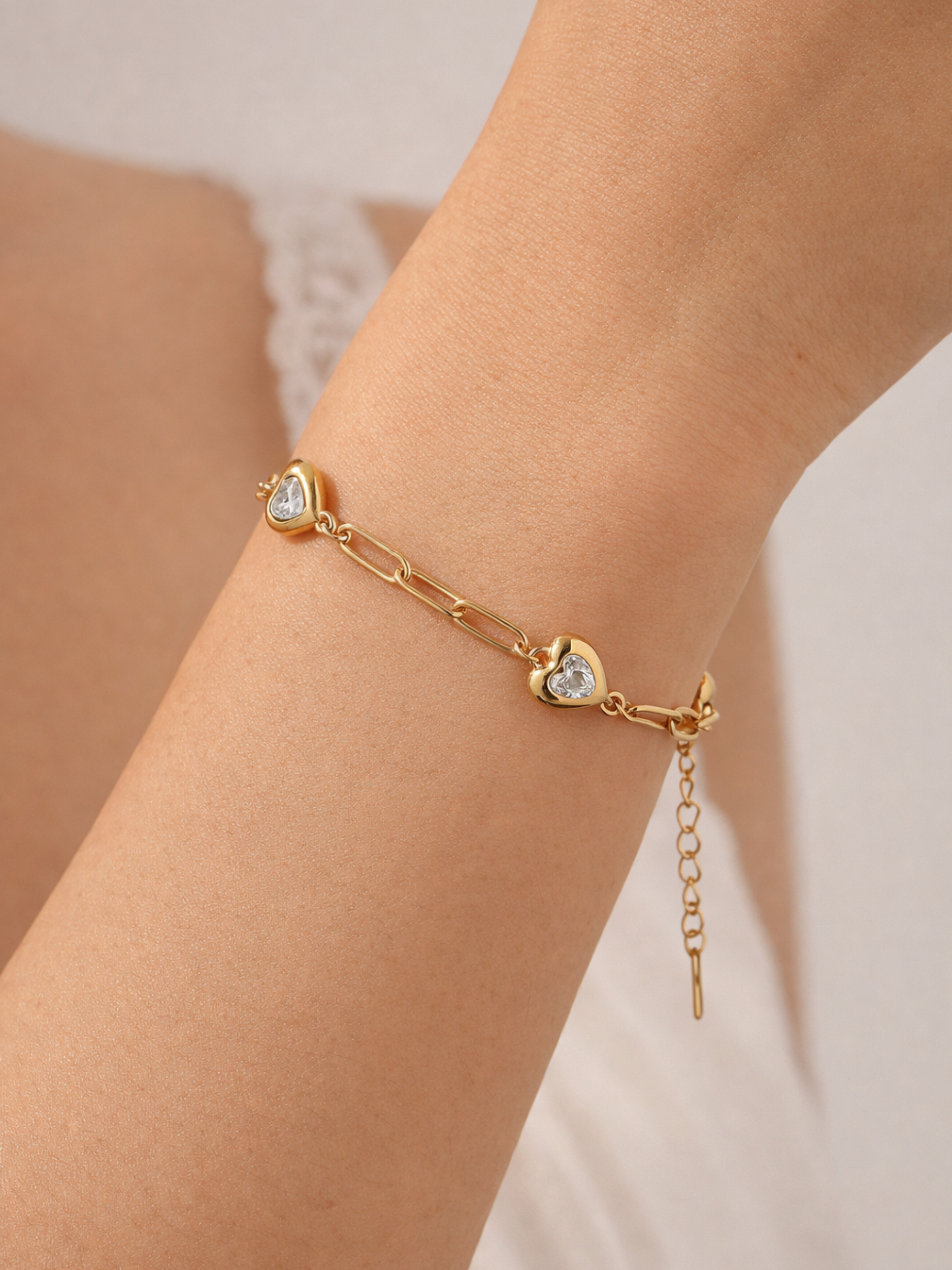 Minimal heart paperclip bracelet with cubic zirconia