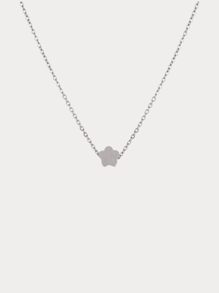 Mini Flower Engravable Necklace in silver titanium with flat flower pendant, studio hero sho