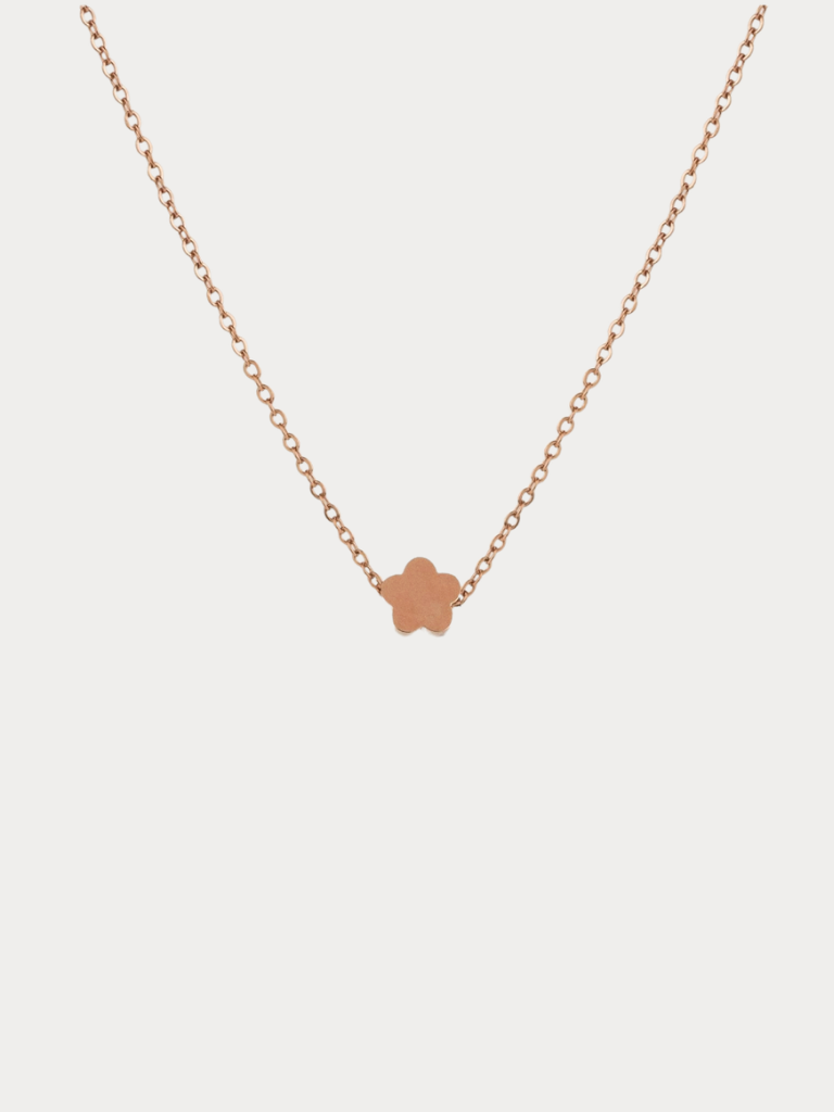 Mini Flower Engravable Necklace in rose gold titanium with flat flower pendant, studio hero sho