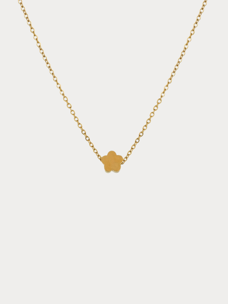 Mini Flower Engravable Necklace in gold titanium with flat flower pendant, studio hero sho