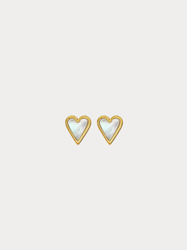 Mother of Pearl Heart Stud Earrings gold titanium, open heart frame with white MOP inlay, product flatlay