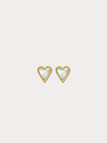 Mother of Pearl Heart Stud Earrings gold titanium, open heart frame with white MOP inlay, product flatlay