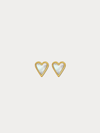 Mother of Pearl Heart Stud Earrings gold titanium, open heart frame with white MOP inlay, product flatlay