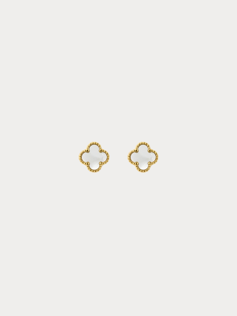 MNML Mother of Pearl Mini Clover Stud Earrings in titanium gold — gold clover stud earrings Malaysia