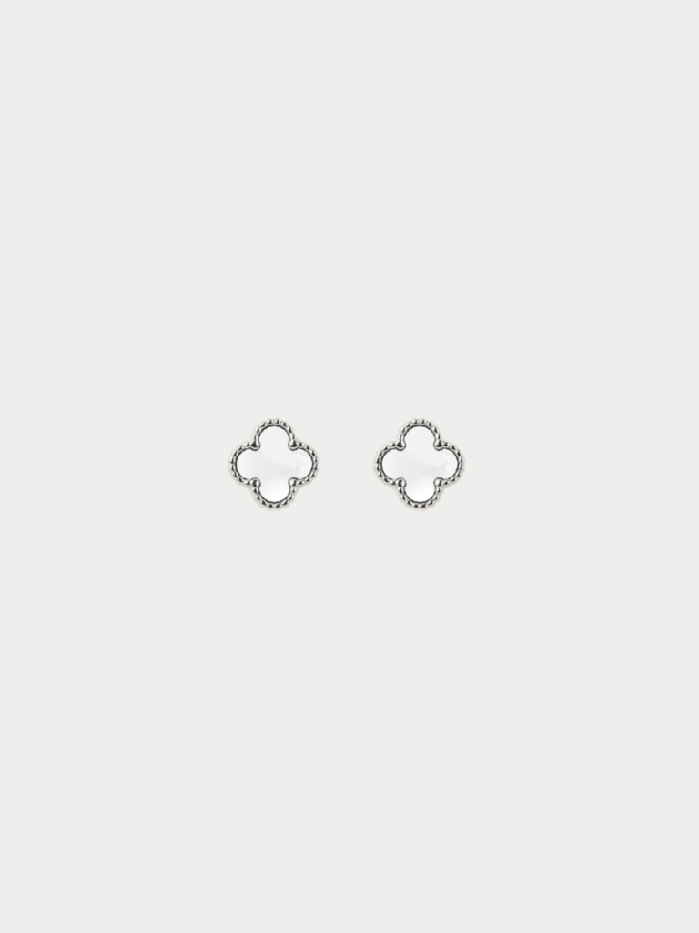 MNML Mother of Pearl Mini Clover Stud Earrings in titanium silver— silver clover stud earrings Malaysia