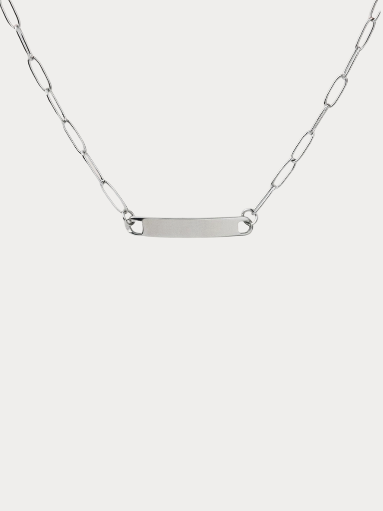 Paperclip Chain Engravable Plate Necklace silver tone stainless steel, wide bar plate on bold paperclip chain, product flatlay