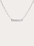 Paperclip Chain Engravable Plate Necklace silver tone stainless steel, wide bar plate on bold paperclip chain, product flatlay