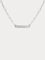 Paperclip Chain Engravable Plate Necklace silver tone stainless steel, wide bar plate on bold paperclip chain, product flatlay