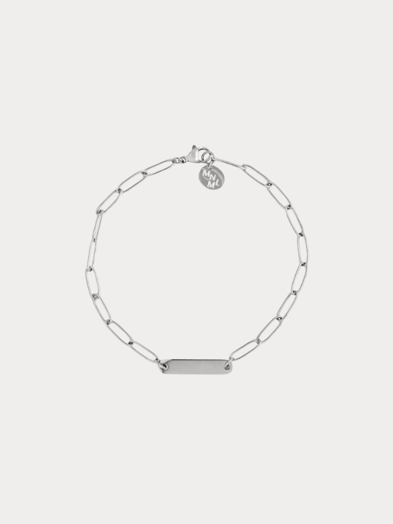 Paperclip Engravable Bracelet silver tone titanium, bold paperclip chain with centre plate, product flatlay