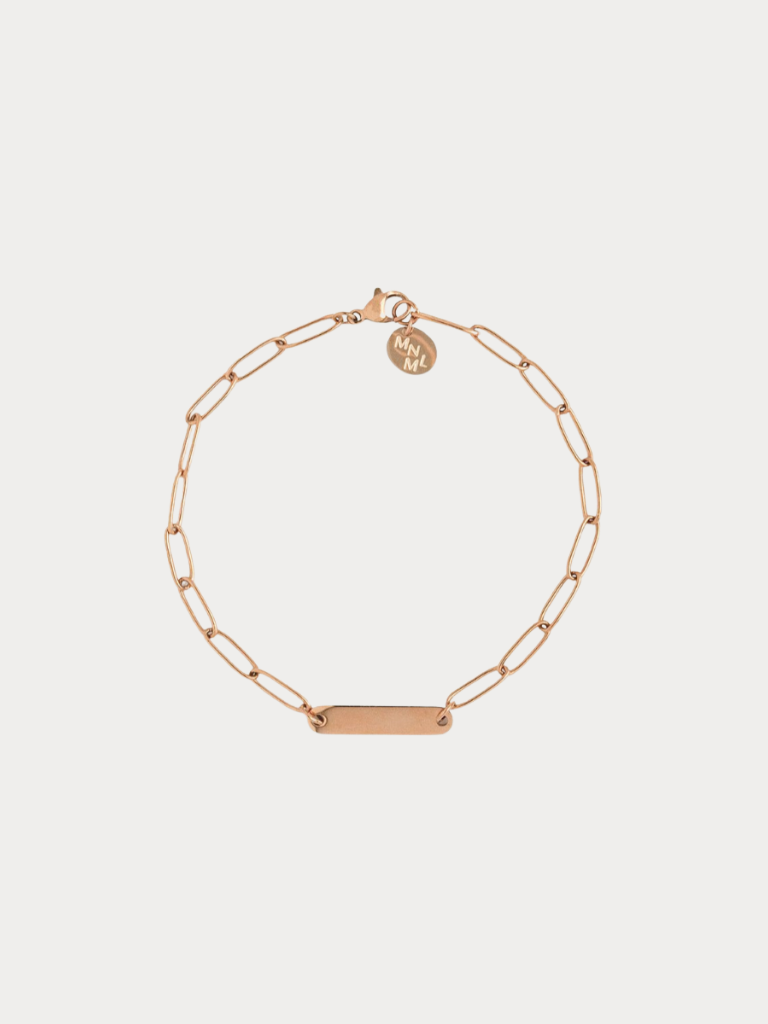 Paperclip Engravable Bracelet rose gold tone titanium, bold paperclip chain with centre plate, product flatlay