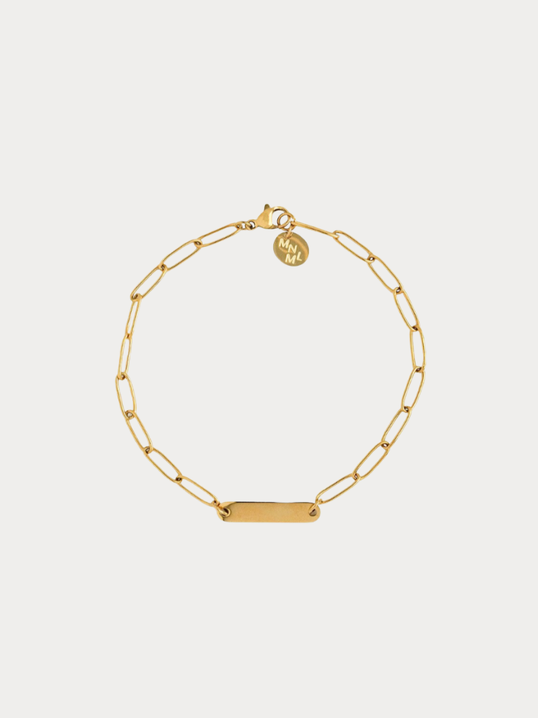 Paperclip Engravable Bracelet gold tone titanium, bold paperclip chain with centre plate, product flatlay