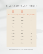 Ring measurement chart with circumference, diameter, and ring size measurements on a light gray background.