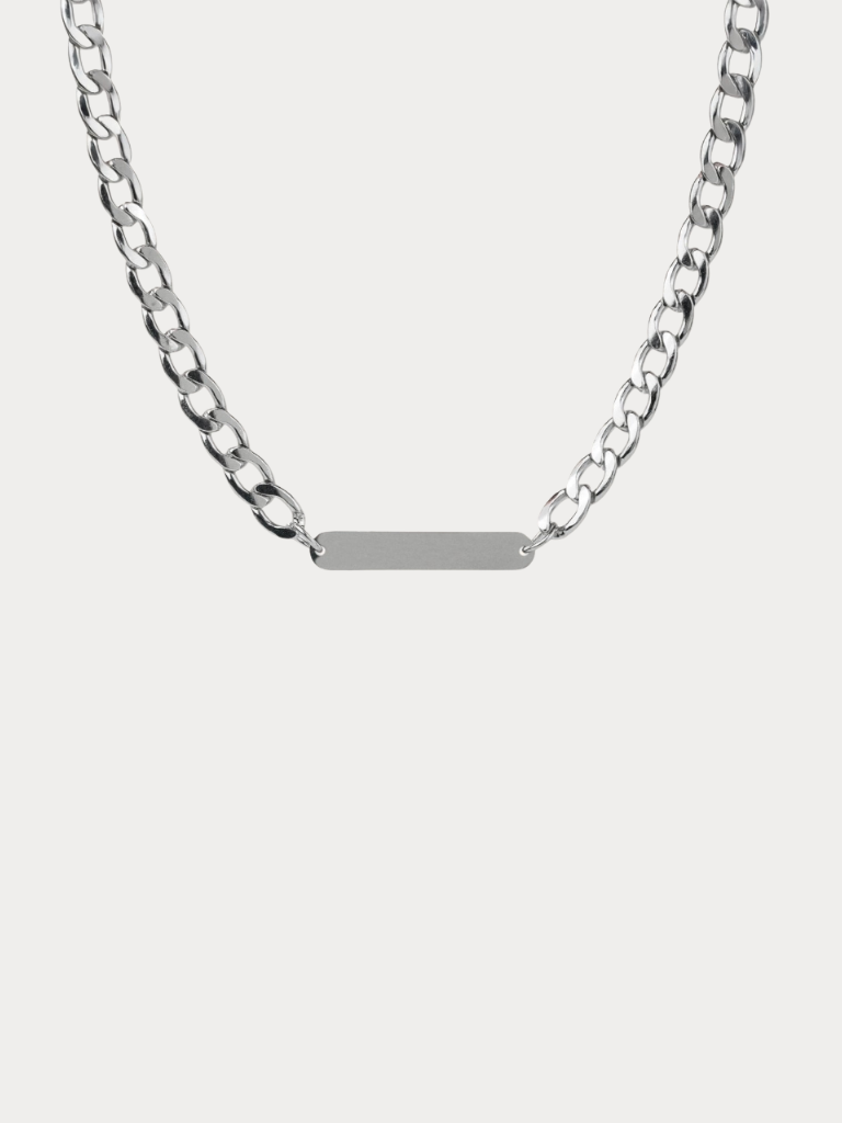 Statement Curb Chain Engravable Necklace silver tone titanium, bold curb chain with centre plate, product flatlay
