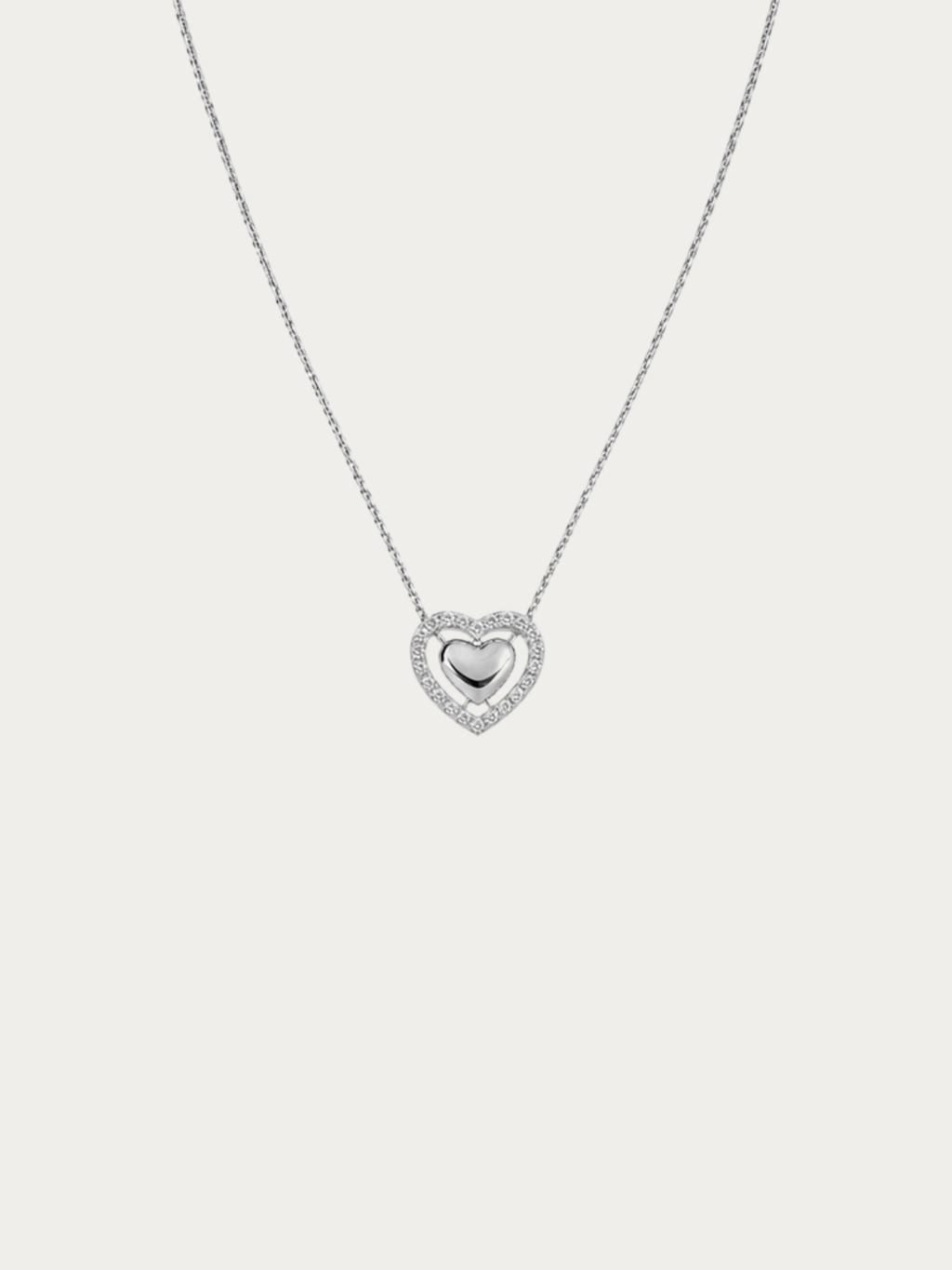 Valen Engravable Floating Heart Necklace with pavé heart frame in silver 