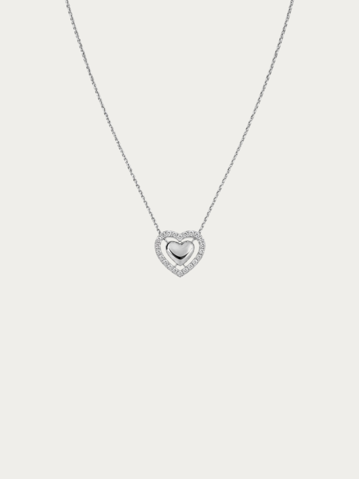 Valen Engravable Floating Heart Necklace with pavé heart frame in silver 
