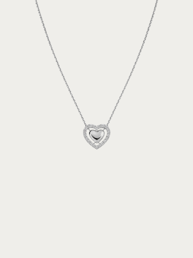 Valen Engravable Floating Heart Necklace with pavé heart frame in silver 