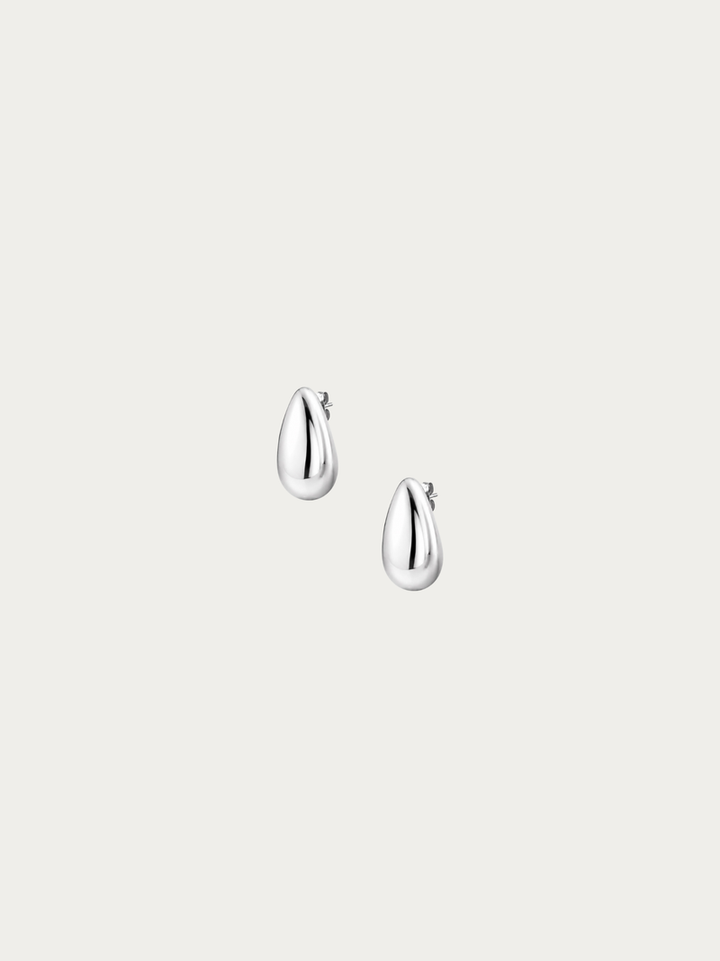 Adele Droplet Stud Earrings pair in mirror-polished 925 sterling silver, studio hero shot
