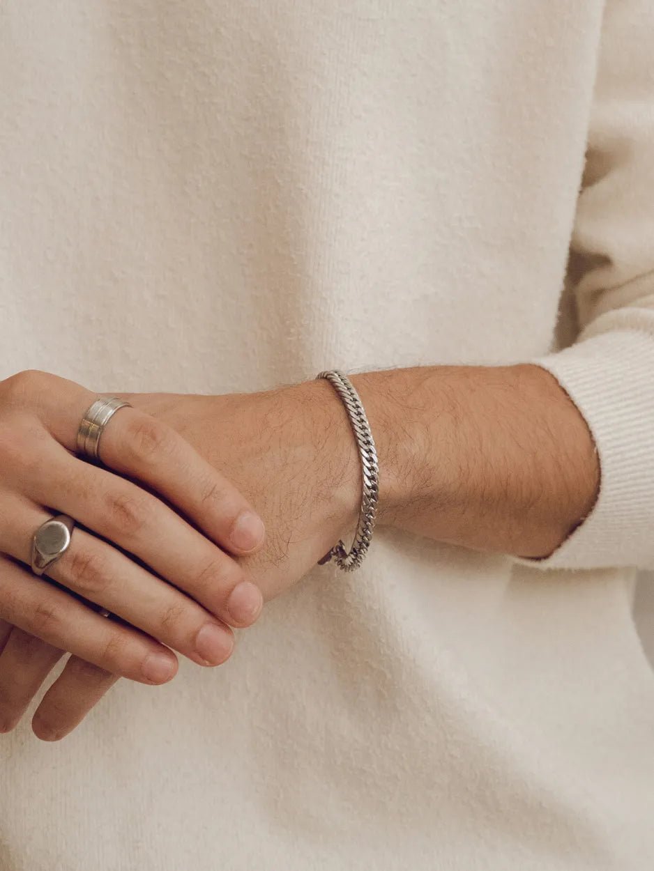 Aegis Curb Chain Bracelet silver tone 19cm worn on man's wrist, unisex chain bracelet Malaysia