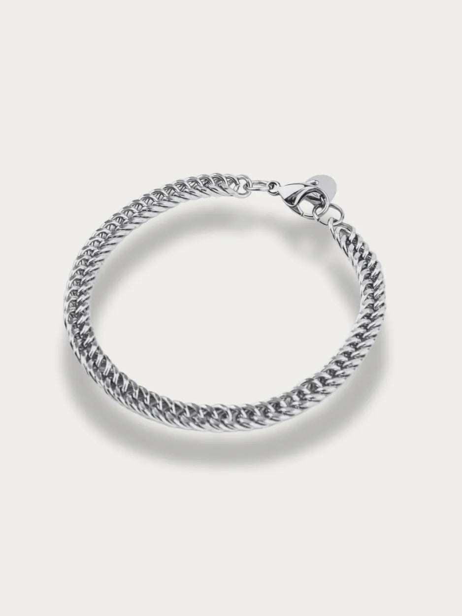 Aegis Curb Chain Bracelet silver tone stainless steel, franco-style woven curb chain, product flatlay