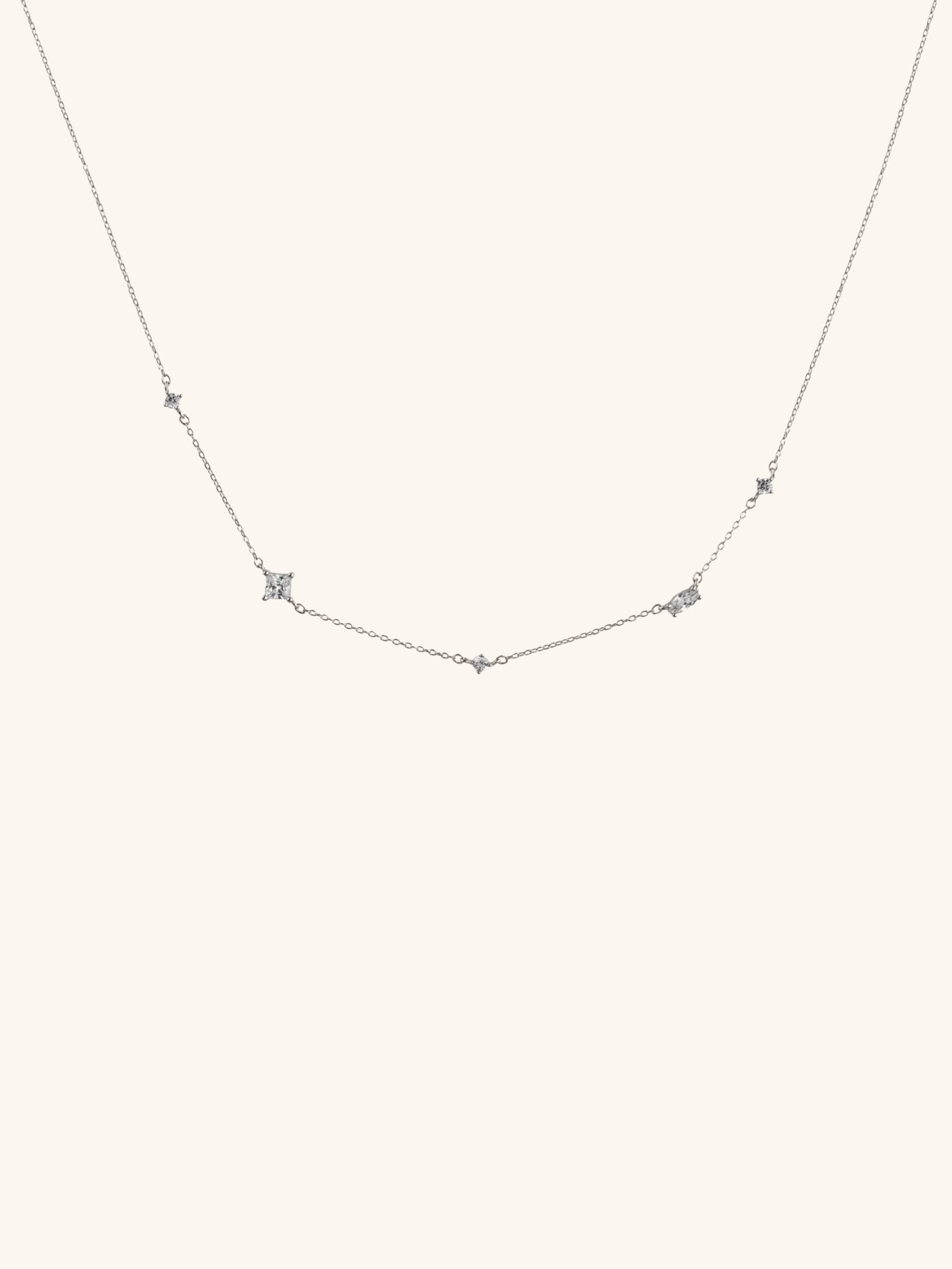 Amelia Sparkling Diamonds Necklace in clear white CZ, 925 sterling silver station necklace flatlay