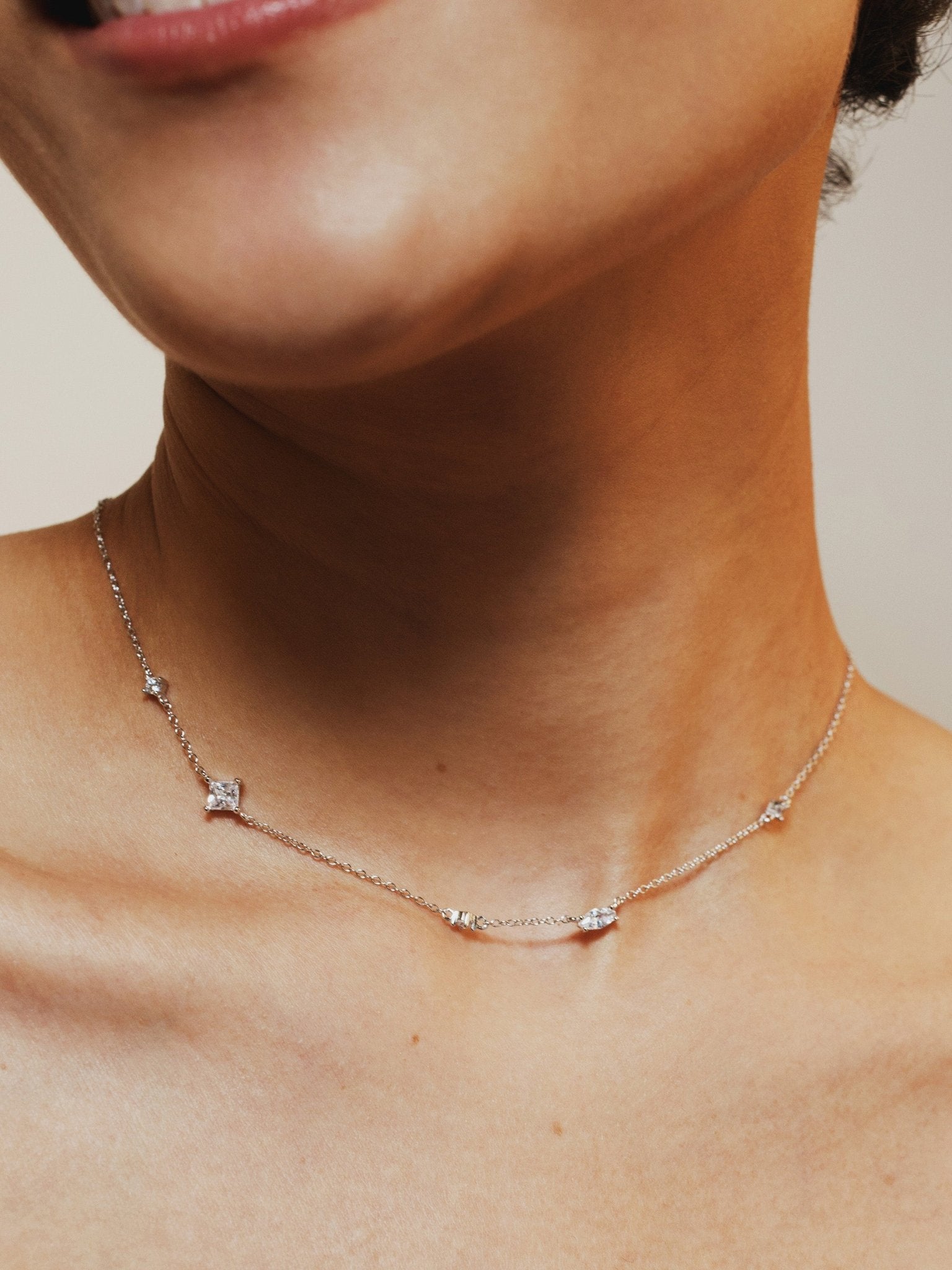 Amelia Sparkling Diamonds Necklace clear white CZ worn on neck, MNML Malaysia lifestyle shot