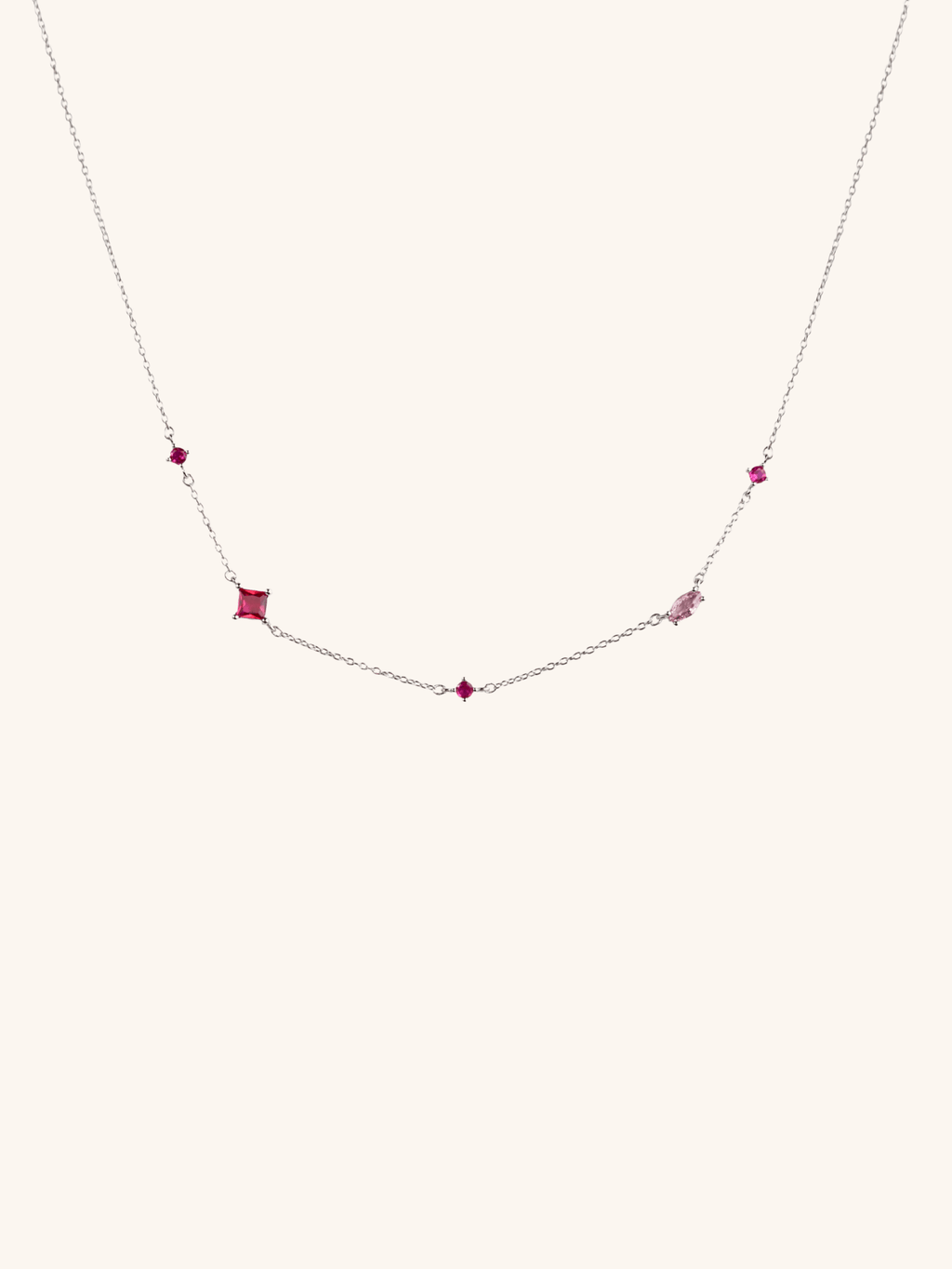 Amelia Sparkling Diamonds Necklace in red and pink CZ, 925 sterling silver station necklace flatlay