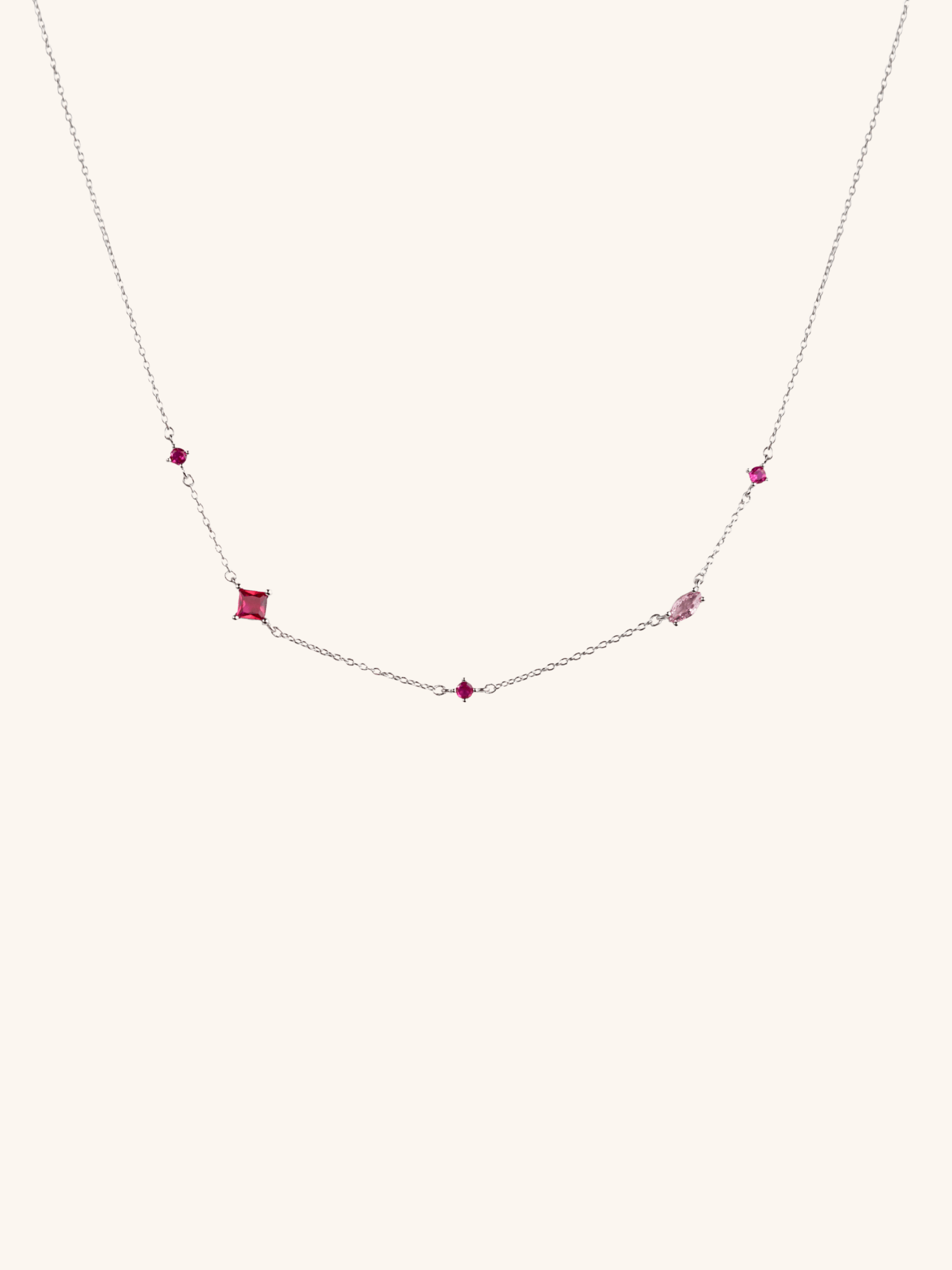 Amelia Sparkling Diamonds Necklace in red and pink CZ, 925 sterling silver station necklace flatlay