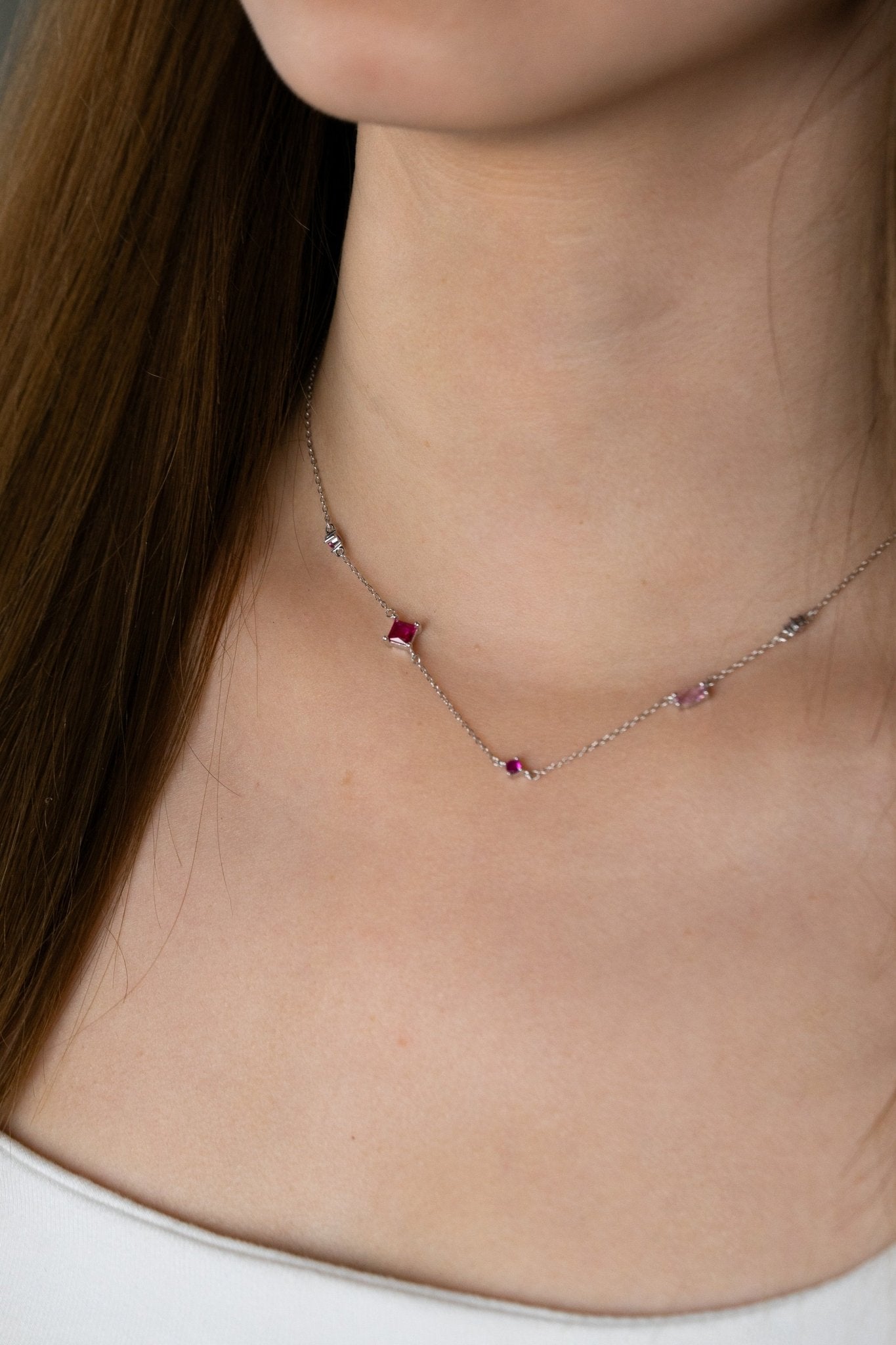 Amelia Sparkling Diamonds Necklace red pink CZ worn on neck, MNML Malaysia lifestyle shot