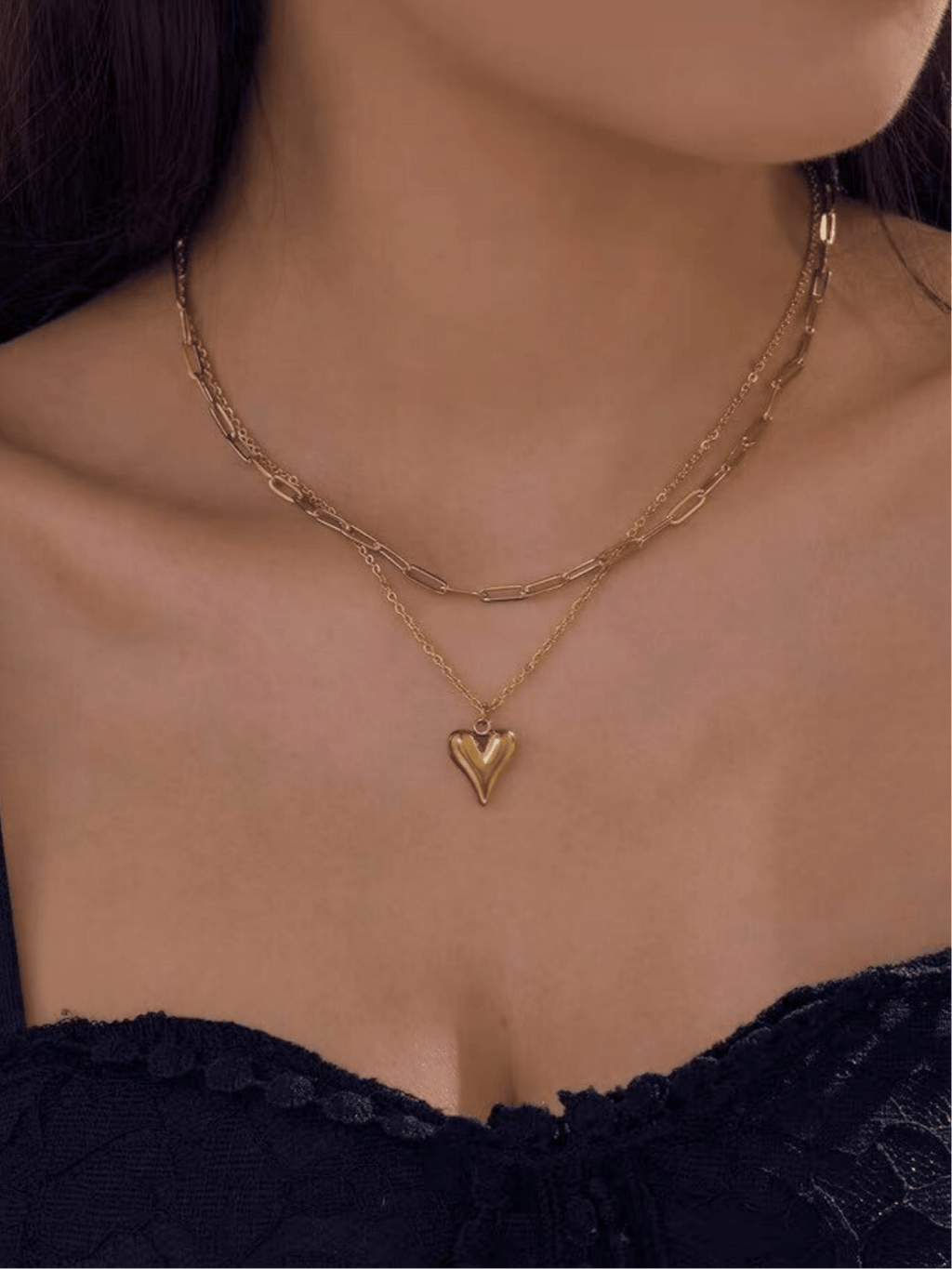 Close-up of Amora Double Layered Necklace worn at the collarbone
