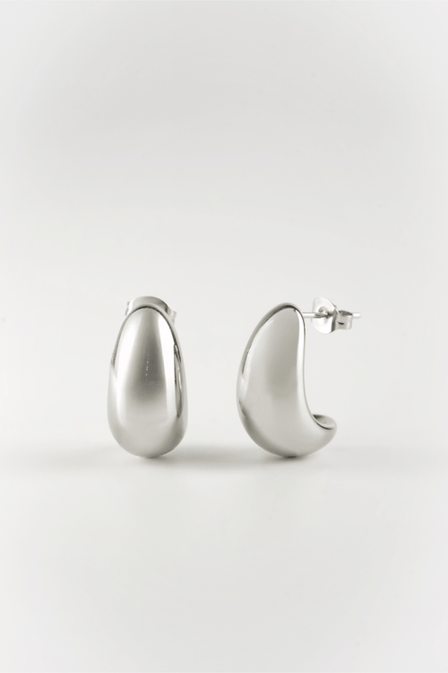 Astrid Organic Sculpt Bean Earrings silver tone titanium, bold sculptural bean silhouette product flatlay
