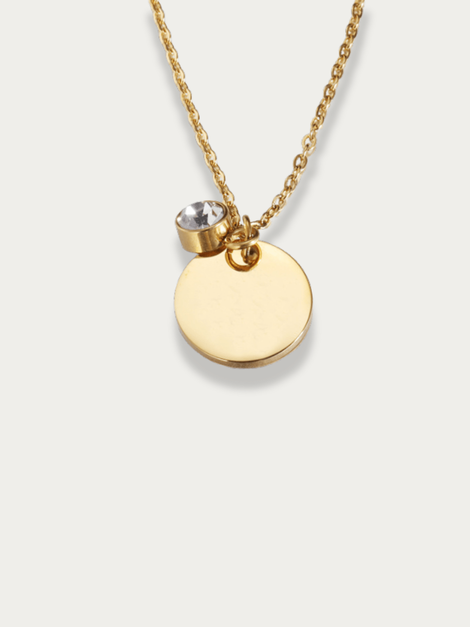 Back view of Aurora Medallion Engravable Necklace gold with CZ stone