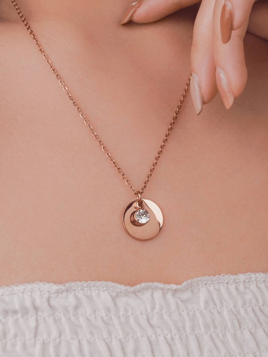 Model wearing Aurora Medallion Engravable Necklace
