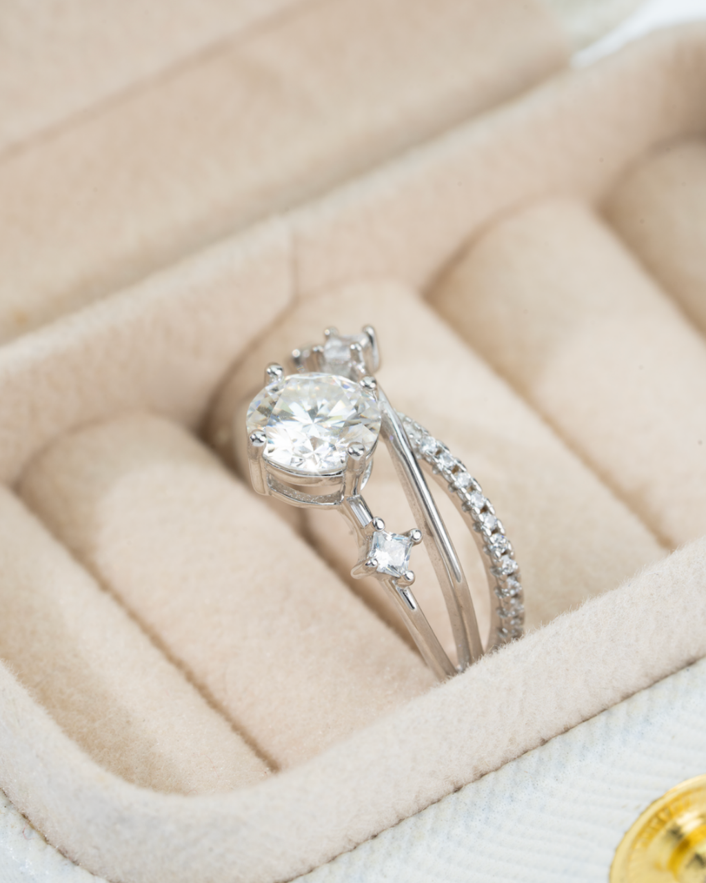 Aveline Moissanite Ring catching light for full brilliance