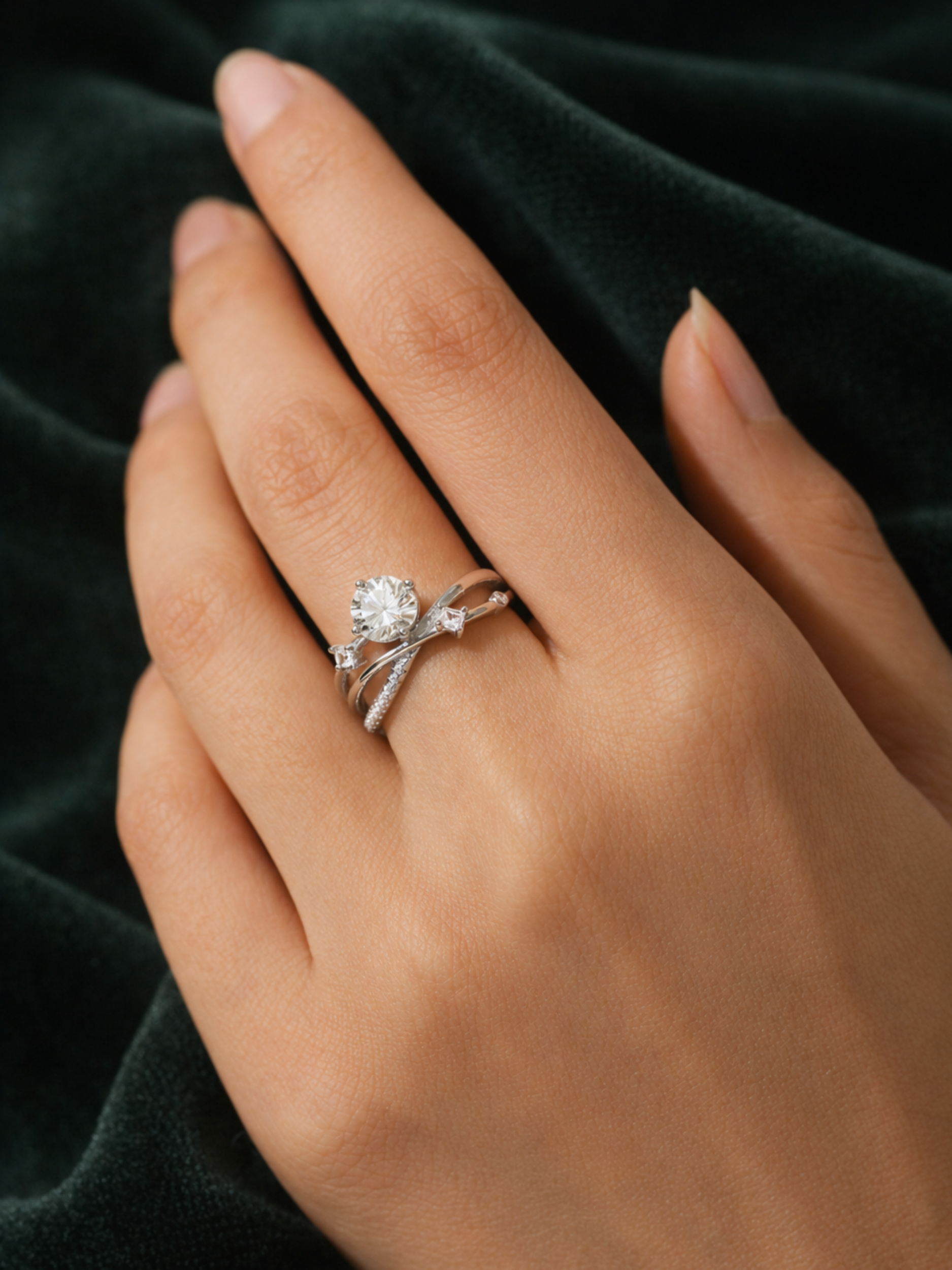 Hand wearing a 1ct-moissanite silver ring with a diamond on a dark fabric background