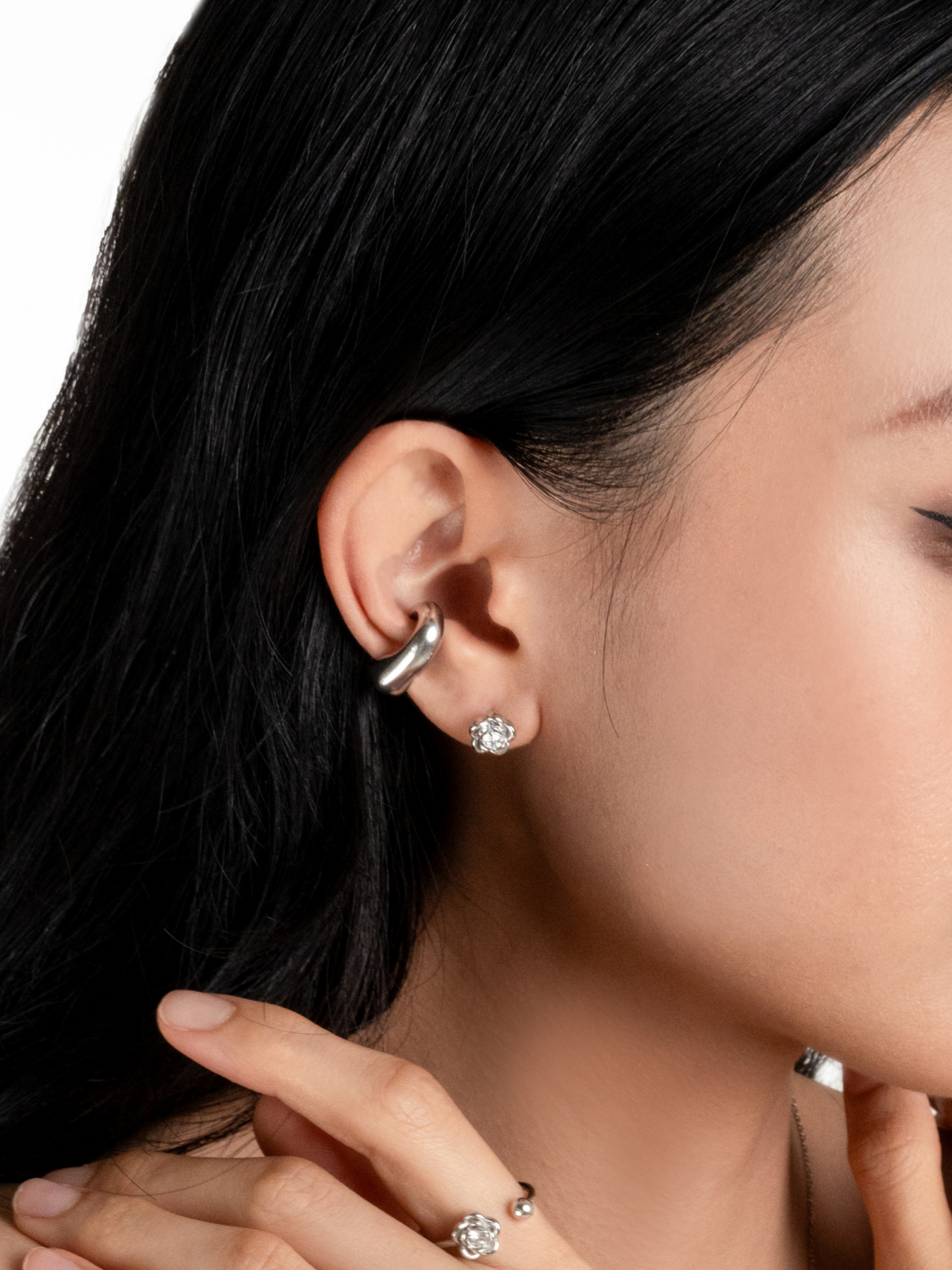 Close-up of sculpted rose petals and centre stone on Belle Rose Stud Earrings
