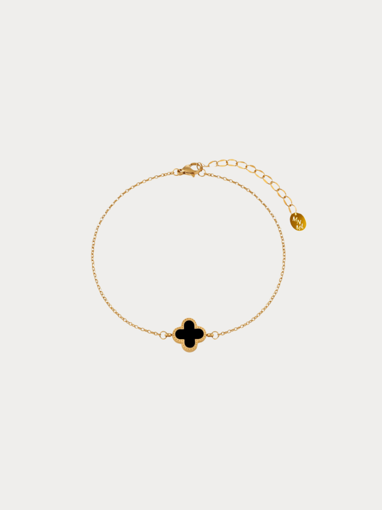 Black Enamel Clover Duo Anklet in gold titanium with milgrain border, studio hero shot
