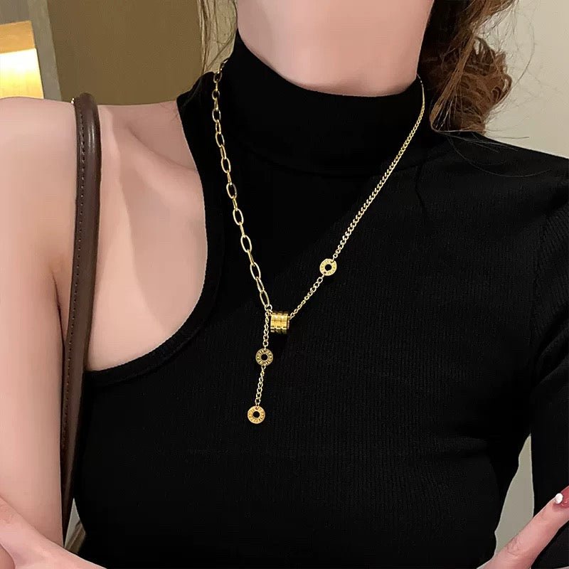 Bold Mixed Chain Lariat Necklace worn on neck, asymmetric mixed chain lariat Malaysia lifestyle