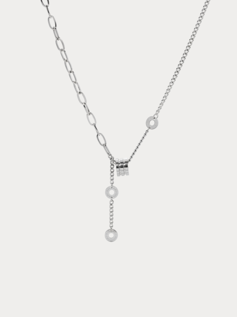 Bold Mixed Chain Lariat Necklace silver tone titanium, asymmetric paperclip and curb chain with barrel pendant, product flatlay