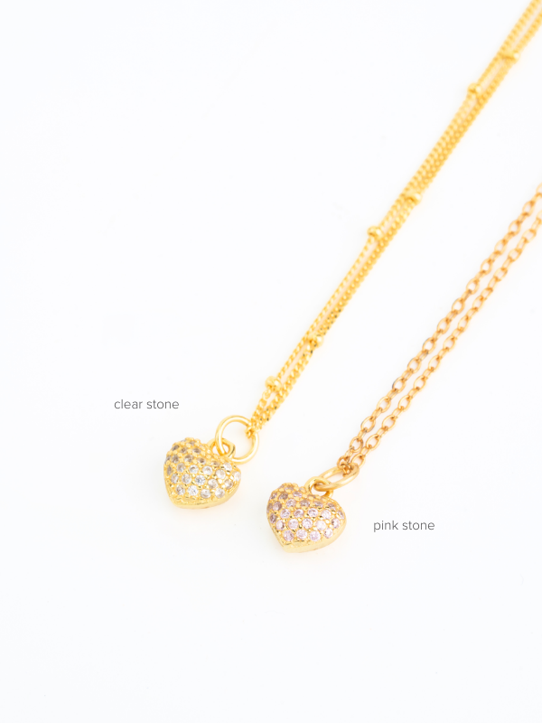 Macro shot of CZ stones sparkling on Cara Heart Necklace